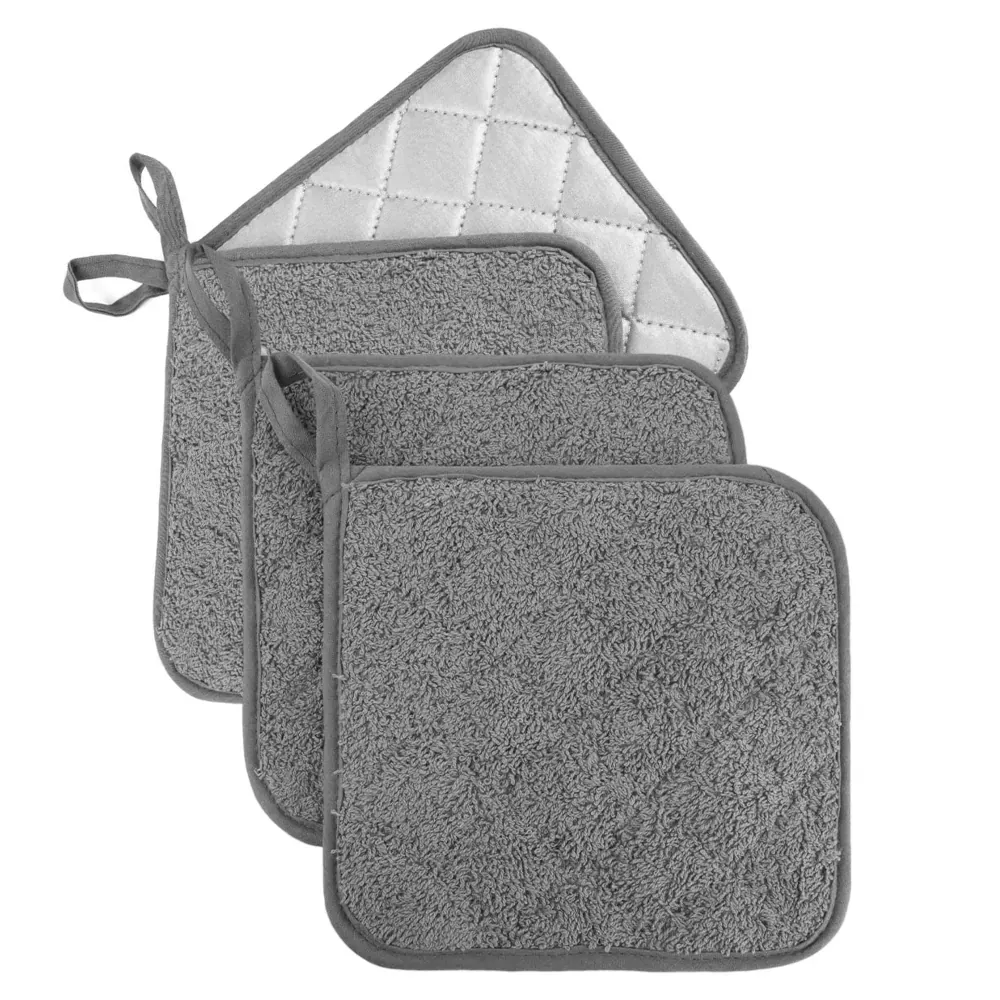 6-Pack Quilted Terry Pot Holders, 7x7 Inch, Heat Resistant to 400°F, Gray (3-Pack)