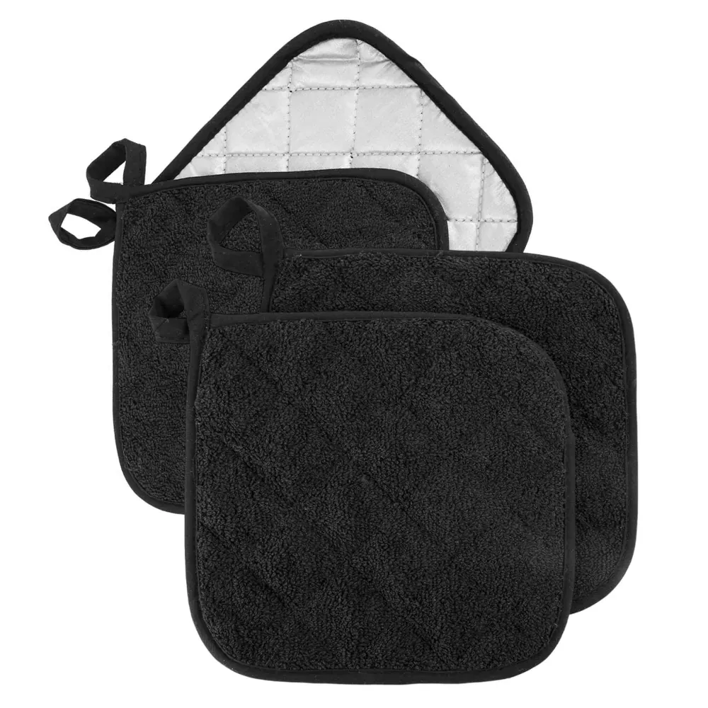 6-Pack Quilted Terry Pot Holders, 7x7 Inch, Heat Resistant to 400°F, Black (3-Pack)
